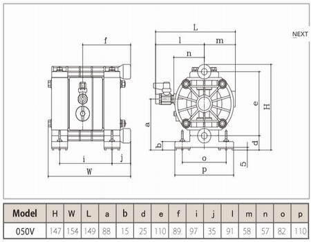 Размеры мембранные насосы YTS 050V