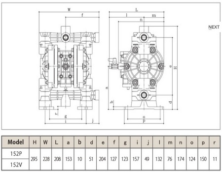 Размеры мембранные насосы YTS 152P