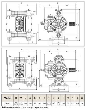 Размеры мембранные насосы YTS 200GJ